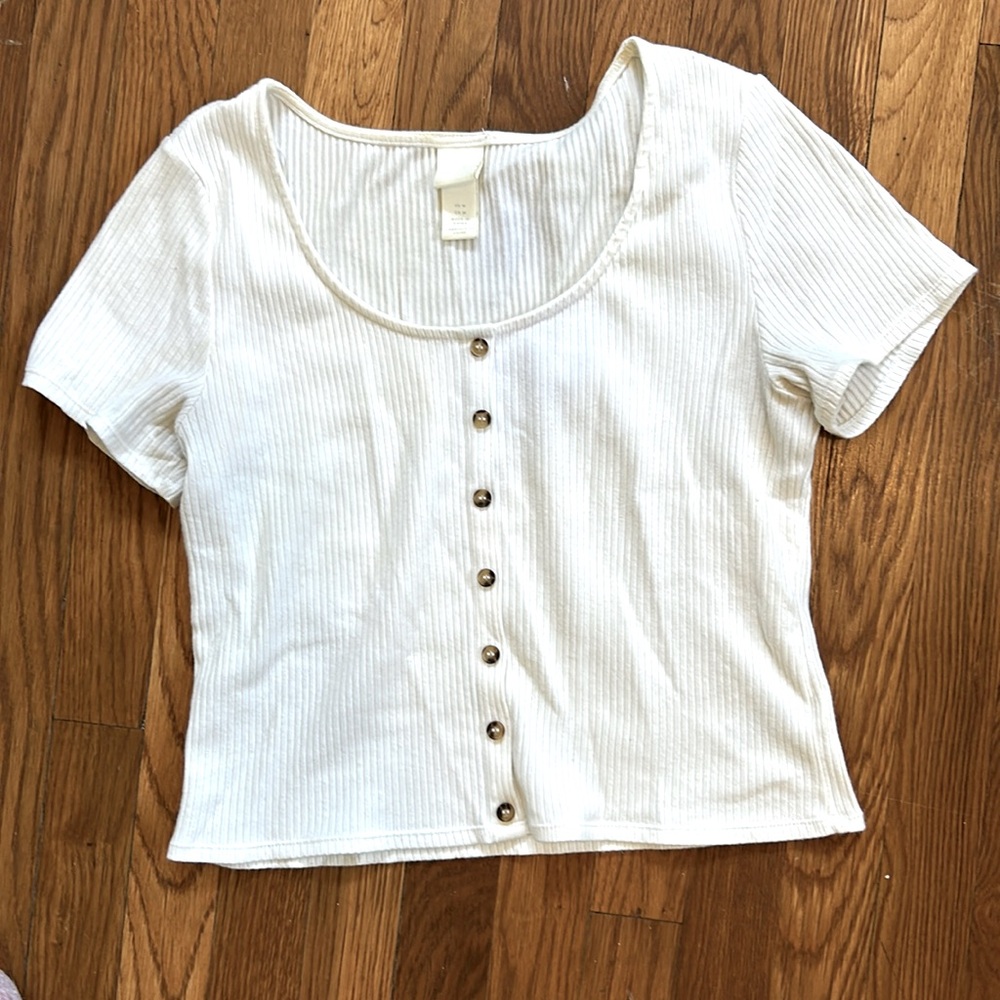 H&M White Crop Top Buttons Ribbed